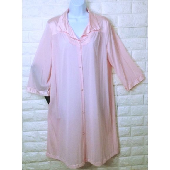 Vintage 90s Vanity Fair Dressing Gown Robe -M Pocket Collar Floral LS Nylon Pink - Picture 1 of 11